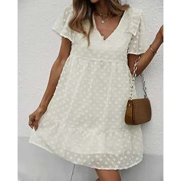 Mansy Womens Summer Short Sleeve V Neck Ruffle Loose Mini Dress Casual Swiss Dot Chiffon Flowy Swing Shift Dress White