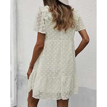 Mansy Womens Summer Short Sleeve V Neck Ruffle Loose Mini Dress Casual Swiss Dot Chiffon Flowy Swing Shift Dress White