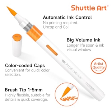 Shuttle Art Automatic Ink Control Acrylic Paint Markers, 60 Colors Brush Tip Acrylic Paint Pens for Rock Painting, Ceramic, Wood, Canvas, Glass, Stone, Fabric, Card Making, DIY & Art Supplies