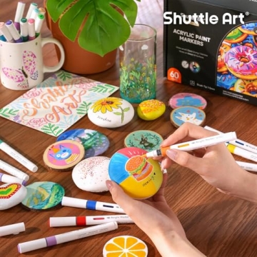 Shuttle Art Automatic Ink Control Acrylic Paint Markers, 60 Colors Brush Tip Acrylic Paint Pens for Rock Painting, Ceramic, Wood, Canvas, Glass, Stone, Fabric, Card Making, DIY & Art Supplies