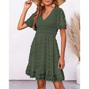 BTFBM Women's V Neck Smocked Short Sleeve Casual Dress Swiss Dot Swing Flowy Ruffle Hem Mini Beach S...