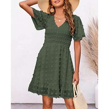 BTFBM Women's V Neck Smocked Short Sleeve Casual Dress Swiss Dot Swing Flowy Ruffle Hem Mini Beach Summer Dresses 2024(Swiss Dot Army Green, Large)