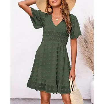 BTFBM Women's V Neck Smocked Short Sleeve Casual Dress Swiss Dot Swing Flowy Ruffle Hem Mini Beach Summer Dresses 2024(Swiss Dot Army Green, Large)