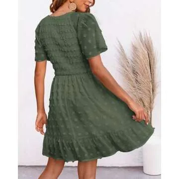 BTFBM Women's V Neck Smocked Short Sleeve Casual Dress Swiss Dot Swing Flowy Ruffle Hem Mini Beach Summer Dresses 2024(Swiss Dot Army Green, Large)