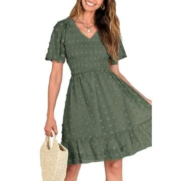 BTFBM Women's V Neck Smocked Short Sleeve Casual Dress Swiss Dot Swing Flowy Ruffle Hem Mini Beach Summer Dresses 2024(Swiss Dot Army Green, Large)