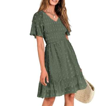 BTFBM Women's V Neck Smocked Short Sleeve Casual Dress Swiss Dot Swing Flowy Ruffle Hem Mini Beach Summer Dresses 2024(Swiss Dot Army Green, Large)