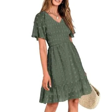 BTFBM Women's V Neck Smocked Short Sleeve Casual Dress Swiss Dot Swing Flowy Ruffle Hem Mini Beach Summer Dresses 2024(Swiss Dot Army Green, Large)