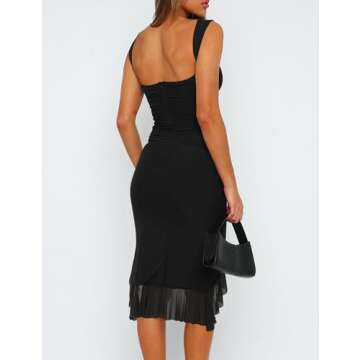BORIFLORS Women's Sexy Ruched Bodycon Midi Dresses Elegant Sleeveless Backless Ruffle Hem Cocktail Party Tank Dress, Medium, Black
