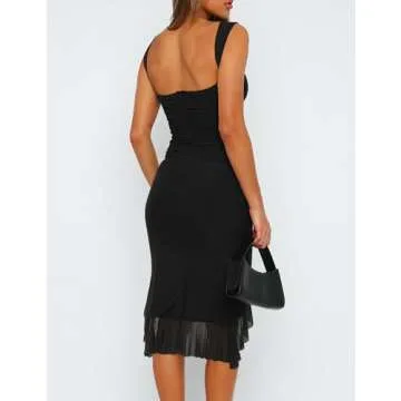 BORIFLORS Women's Sexy Ruched Bodycon Midi Dresses Elegant Sleeveless Backless Ruffle Hem Cocktail Party Tank Dress, Medium, Black