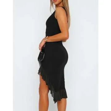 BORIFLORS Women's Sexy Ruched Bodycon Midi Dresses Elegant Sleeveless Backless Ruffle Hem Cocktail Party Tank Dress, Medium, Black