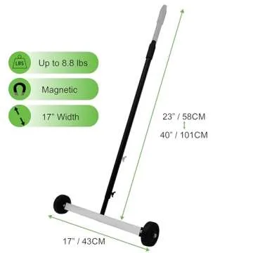 Grip Magnetic Pickup Sweeper 17" - 8.8 Pound Capacity - Extends from 23" to 40" - Easy Cleanup of Workshop, Garage, Construction - Lawn Sweeper
