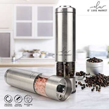 O' LUXE MARKET AUTOMATIC SALT AND PEPPER GRINDER SET - STAINLESS STEEL & CERAMIC