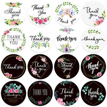 600 PCS Thank You Stickers Fresh Black & White Style Round Labels Stickers in 16 Designs with Perforation Line for Personal and Business Use (Each Measures 1.5" in Diameter)