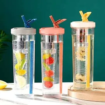 LFRNZS Foldable Straw Water Bottle,Fruit Infuser Water Bottle with Straw, Reusable Water Bottles, Si...
