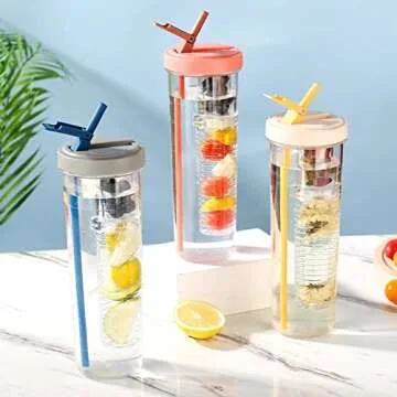 LFRNZS Foldable Straw Water Bottle,Fruit Infuser Water Bottle with Straw, Reusable Water Bottles, Simply Modern Water Bottle LeakProof & Shatter-Proof for Indoor & Outdoor (Pink)