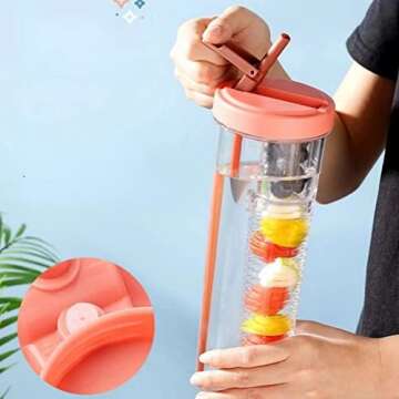 LFRNZS Foldable Straw Water Bottle,Fruit Infuser Water Bottle with Straw, Reusable Water Bottles, Simply Modern Water Bottle LeakProof & Shatter-Proof for Indoor & Outdoor (Pink)