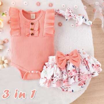 GDTOGRT Newborn Baby Girl Summer Outfits Ruffle Romper & Shorts with Bow Headband