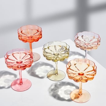 Khen Flower Vintage Wavy Glass Coupes Martini, Champagne & Cocktail Coupes - Set of 5-7oz Colorful C...