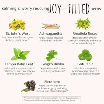 Joy-Filled Mood Support Supplement with St. Johns Wort | Stress Relief – Helps Calm The Mind & Body | 100% Plant-Based Happy Pills, Ashwagandha, Rhodiola Rosea, Eleuthero | Herbal Adaptogens, 60 Ct