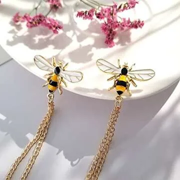Cute Bee Long Chain Brooch Pin,Animal Insect Bee Chain Tassel Lapel Pin Enamel Bee Suit Pin Jewelry for Women Men Gifts (Bee)