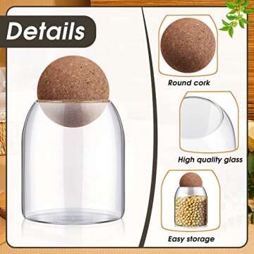 Suclain 6 Pcs Glass Jars with Cork Ball Lid Food Storage Containers Clear Wood Cork Bottle Candy Jars 17 Oz/500ml Coffee Canister for Beans Nut Sugar Decorative Kitchen Storage Organizer