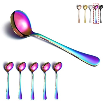 Kyraton Rainbow Soup Spoons Set: 6 Stainless Steel Colorful Utensils with Titanium Finish