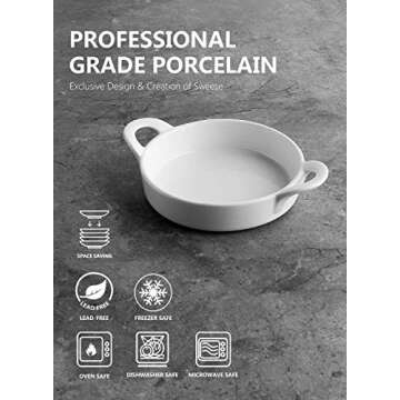 Sweese 507.001 Porcelain Ramekins, 5 Ounce Ramekins for Baking, Round Creme Brulee Dish with Double Handle-Set of 6 - White