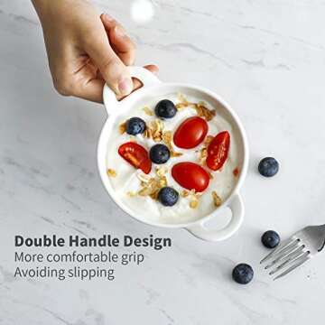 Sweese 507.001 Porcelain Ramekins, 5 Ounce Ramekins for Baking, Round Creme Brulee Dish with Double Handle-Set of 6 - White