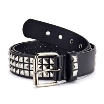SNCEAW Studded Belt, Metal Punk Rock Rivet Belt with Bright Pyramid Studded for Women Men (Black, Fit Pant 31-36 inch)
