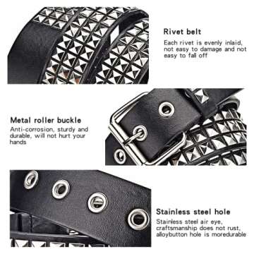 SNCEAW Studded Belt, Metal Punk Rock Rivet Belt with Bright Pyramid Studded for Women Men (Black, Fit Pant 31-36 inch)