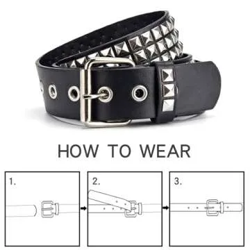 SNCEAW Studded Belt, Metal Punk Rock Rivet Belt with Bright Pyramid Studded for Women Men (Black, Fit Pant 31-36 inch)