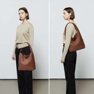 Woven Bags for Women Tote Purse: Vegan Leather Shoulder Handbags - Medium Beach Tote Bags - Handwove...