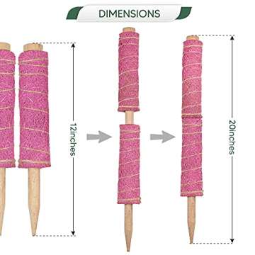 Flossy Moss Coconut Coir Moss Poles for Climbing Plants – Eco Friendly Coir Moss Poles for Potted Plants – Durable Design – Set of 2 Stackable Moss Poles for Plants – Included 6ft Garden Velcro Ties
