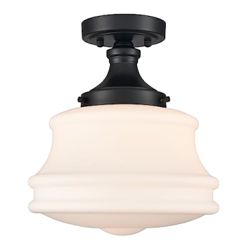 TEENYO Black Semi Flush Mount Ceiling Light - Milk Glass Schoolhouse Design for Hallway and Living S...