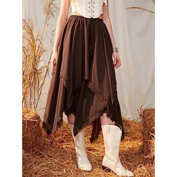 Verdusa Women's Elastic Waist Lace Trim Asymmetrical Flowy Long Skirt Chocolate Brown XS