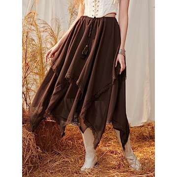 Verdusa Women's Elastic Waist Lace Trim Asymmetrical Flowy Long Skirt Chocolate Brown XS