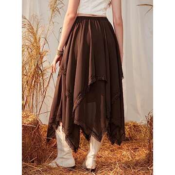 Verdusa Women's Elastic Waist Lace Trim Asymmetrical Flowy Long Skirt Chocolate Brown XS