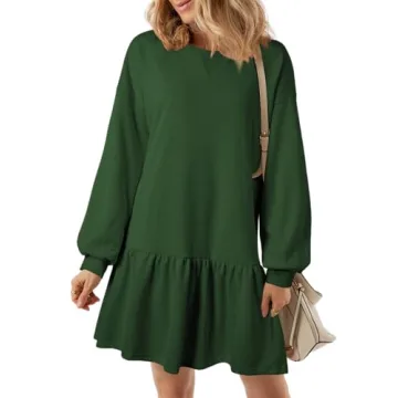 BLENCOT Mini Dress for Women 2025 Fall Winter Cute Patchwork Long Sleeve Ruffled Crewneck Sweatshirt...