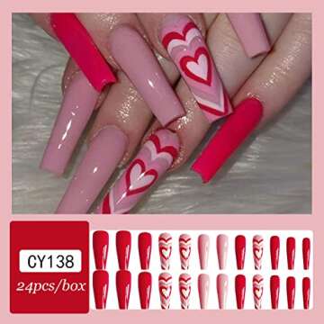 24 Pcs Valentine’s Day Press on Nails Long Fake Nails Coffin Shaped Glue on Nails Glossy Heart Design False Nails Red Pink Valentines Heart Acrylic Nails for Women and Girls