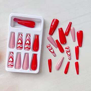 24 Pcs Valentine’s Day Press on Nails Long Fake Nails Coffin Shaped Glue on Nails Glossy Heart Design False Nails Red Pink Valentines Heart Acrylic Nails for Women and Girls