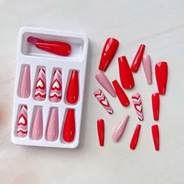 24 Pcs Valentine’s Day Press on Nails Long Fake Nails Coffin Shaped Glue on Nails Glossy Heart Design False Nails Red Pink Valentines Heart Acrylic Nails for Women and Girls