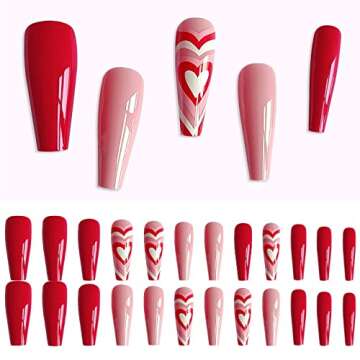 24 Pcs Valentine’s Day Press on Nails Long Fake Nails Coffin Shaped Glue on Nails Glossy Heart Design False Nails Red Pink Valentines Heart Acrylic Nails for Women and Girls