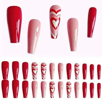 24 Pcs Valentine’s Day Press on Nails Long Fake Nails Coffin Shaped Glue on Nails Glossy Heart Design False Nails Red Pink Valentines Heart Acrylic Nails for Women and Girls