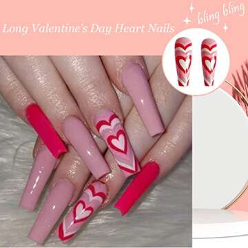 24 Pcs Valentine’s Day Press on Nails Long Fake Nails Coffin Shaped Glue on Nails Glossy Heart Design False Nails Red Pink Valentines Heart Acrylic Nails for Women and Girls