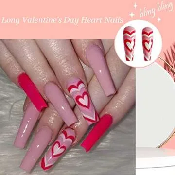 24 Pcs Valentine’s Day Press on Nails Long Fake Nails Coffin Shaped Glue on Nails Glossy Heart Design False Nails Red Pink Valentines Heart Acrylic Nails for Women and Girls