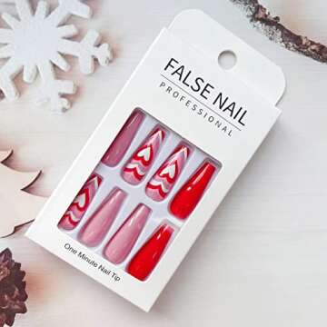 24 Pcs Valentine’s Day Press on Nails Long Fake Nails Coffin Shaped Glue on Nails Glossy Heart Design False Nails Red Pink Valentines Heart Acrylic Nails for Women and Girls
