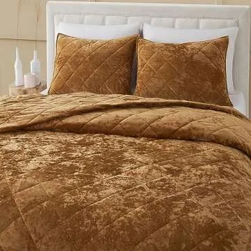 SHALALA Luxury Velvet Quilt Set King Size,Ultra Soft Lightweight Summer Velvet Comforter Set, Oversized Bedspread Coverlet with 2 Shams Diamond Pattern,for All Season(Camel Gold,King)