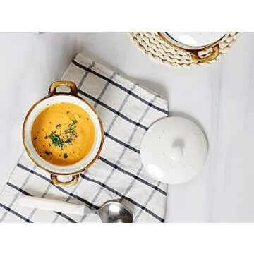 ONEMORE Ramekins with Lids, 12 oz Ceramic Small Casserole Dish with Handles & Brown Rim for Baking Soup, Speckled Oven Safe Mini Dutch Oven Rustic Cocotte Set of 4 for Individual Serving, Creamy White