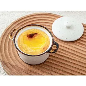 ONEMORE Ramekins with Lids, 12 oz Ceramic Small Casserole Dish with Handles & Brown Rim for Baking Soup, Speckled Oven Safe Mini Dutch Oven Rustic Cocotte Set of 4 for Individual Serving, Creamy White