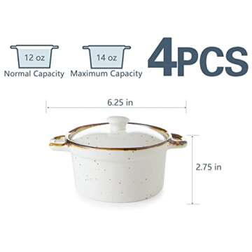 ONEMORE Ramekins with Lids, 12 oz Ceramic Small Casserole Dish with Handles & Brown Rim for Baking Soup, Speckled Oven Safe Mini Dutch Oven Rustic Cocotte Set of 4 for Individual Serving, Creamy White